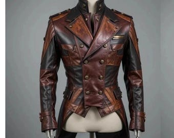 Handmade Distressed Brown Leather Steampunk Coat – Military Trench Style