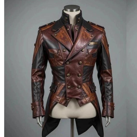 Handmade Distressed Brown Leather Steampunk Coat – Military Trench Style