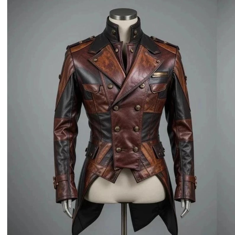 May include: A brown and black leather jacket with a double-breasted design. The jacket features a high collar, multiple pockets, and decorative buttons. The jacket has a tailored fit and a unique, patchwork-like construction.