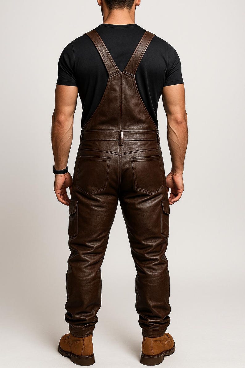 May include: Brown leather overalls with cargo pockets and suspender straps. The overalls are worn with a black t-shirt and brown boots. The image is taken from the back, showcasing the details of the leather and the overall design.