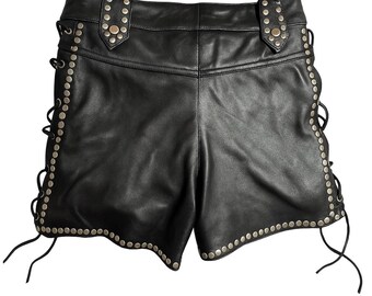 Genuine Leather Studded Shorts: High Waist Biker Goth Festival Hot