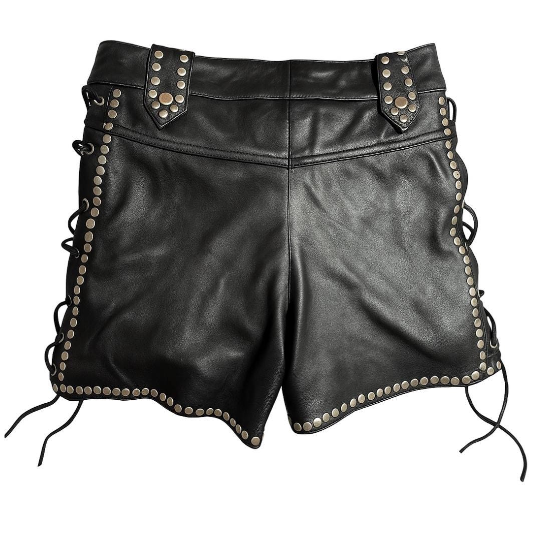 Genuine Leather Studded Shorts: High Waist Biker Goth Festival Hot