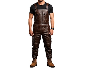 Mono de cuero marrón para hombre: cuero auténtico, bolsillos cargo, ropa de trabajo para motociclistas