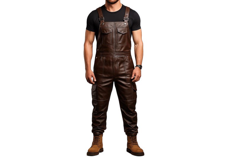 May include: Brown leather overalls with two chest pockets and two side pockets. The overalls have adjustable straps and are worn with a black t-shirt and brown boots. The overall design is a classic workwear style.
