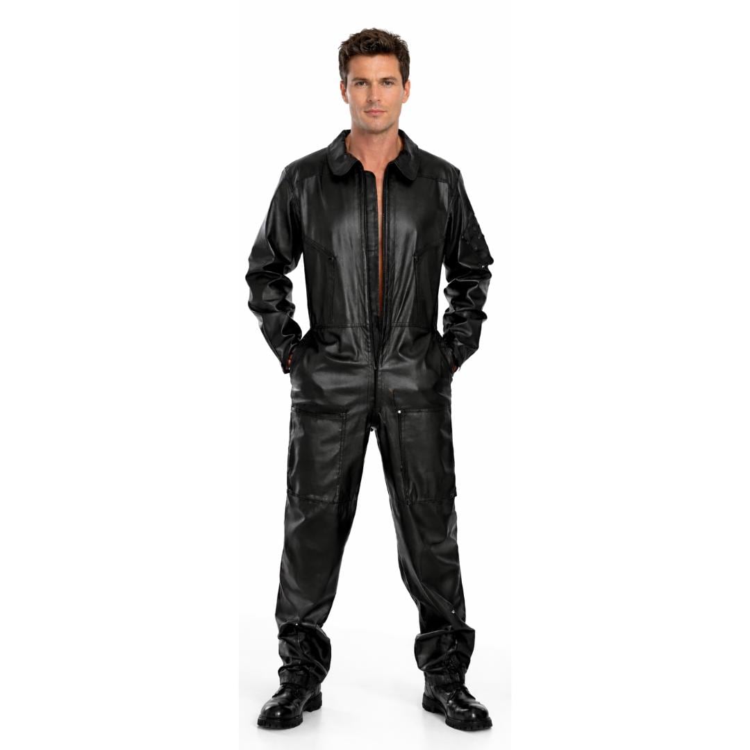 Men's Black Leather Aviator Overalls – Pilot Flight Suit Jumpsuit
