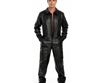 Fliegeroverall aus schwarzem Leder für Herren - Pilotenfluganzug-overall, Echtleder-Bikeroverall