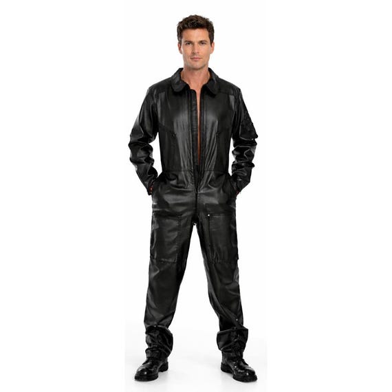 Men's Black Leather Aviator Overalls – Pilot Flight Suit Jumpsuit