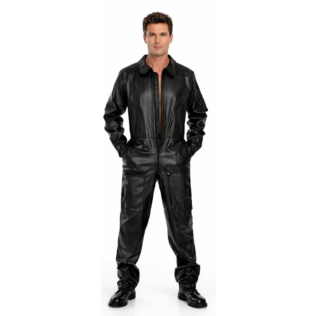 Men's Black Leather Aviator Overalls – Pilot Flight Suit Jumpsuit