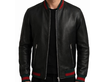 Men Leather Bomber Jacket Black Designer Style with Green Red Striped Trim