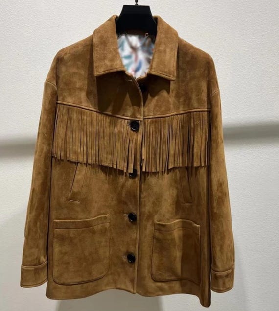 Women Suede Leather Fringe Jacket Western Boho Vintage Cowgirl