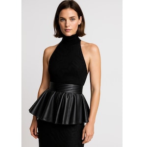 Women&#39;s Black Leather Peplum Belt – Gothic Wide Waist Belt for Dresses – Handmade Faux Leather Corset Style Belt for Party & Fashion