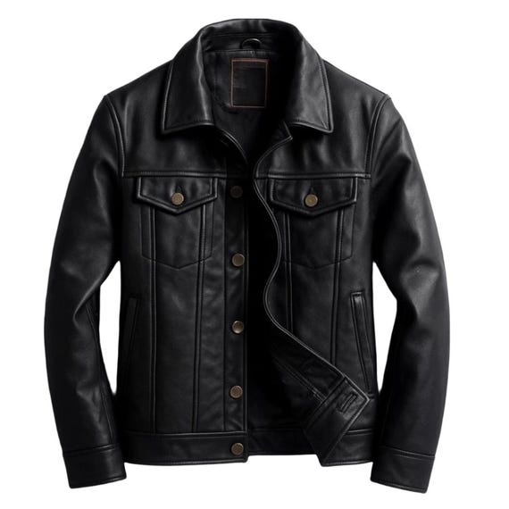 Men Black Genuine Leather Trucker Jacket – Classic Button Front