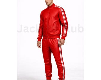 Red Genuine Leather Tracksuit Sweatsuit Set Jogging Suit for Men Streetwear Track Suit Outfit