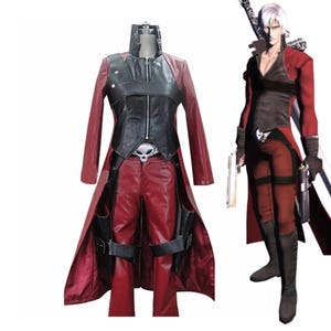 May include: A red and black cosplay costume featuring a long coat, pants, and a vest. The costume includes a skull-shaped belt buckle and holster details. A character in the costume is also shown holding a sword and guns.