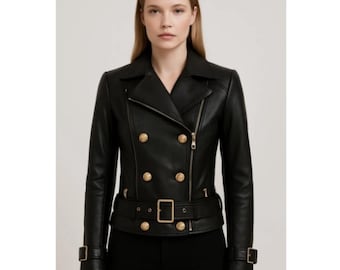 Damen Schwarze Schafsleder Bikerjacke: Gold Button Moto Coat