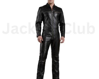 Mens Black Leather Jumpsuit | Genuine Leather One-Piece Suit Overall Romper