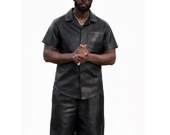 Men Black Leather Shirt & Shorts Set – Genuine Leather Summer Outfit