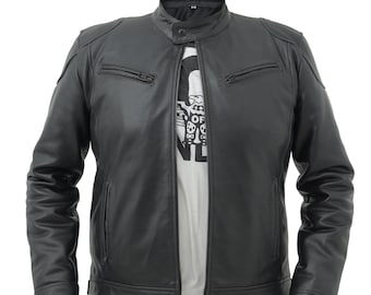 Handgefertigte schwarze Büffelleder Bikerjacke: Herren Cafe Racer Mantel