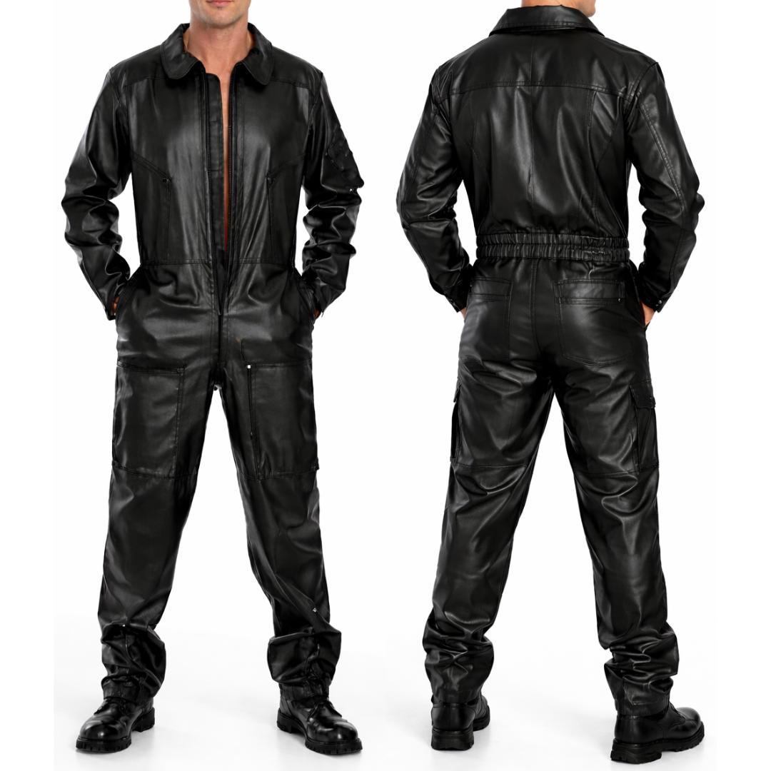美品【lit】 Fake Leather Coveralls Jacket Men's Black Leather Aviator Overalls – Pilot Flight Suit Jumpsuit