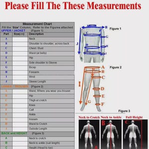 May include: A measurement chart with the text "Please Fill The These Measurements" at the top. The chart includes diagrams and instructions for measuring upper body, lower body, back, and height for clothing sizes. Measurements are in centimeters.