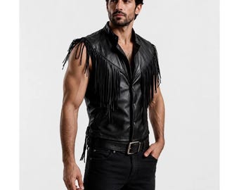 Men's Leather Fringe Vest | Handmade Western Cowboy Style