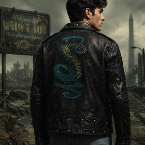 Può includere: Giacca in pelle nera con un motivo a serpente ricamato turchese e giallo sul retro. La giacca ha un classico stile biker con colletto a scatto e borchie argentate. Lo sfondo include un cartello con la scritta "Welcome to Vault 101".