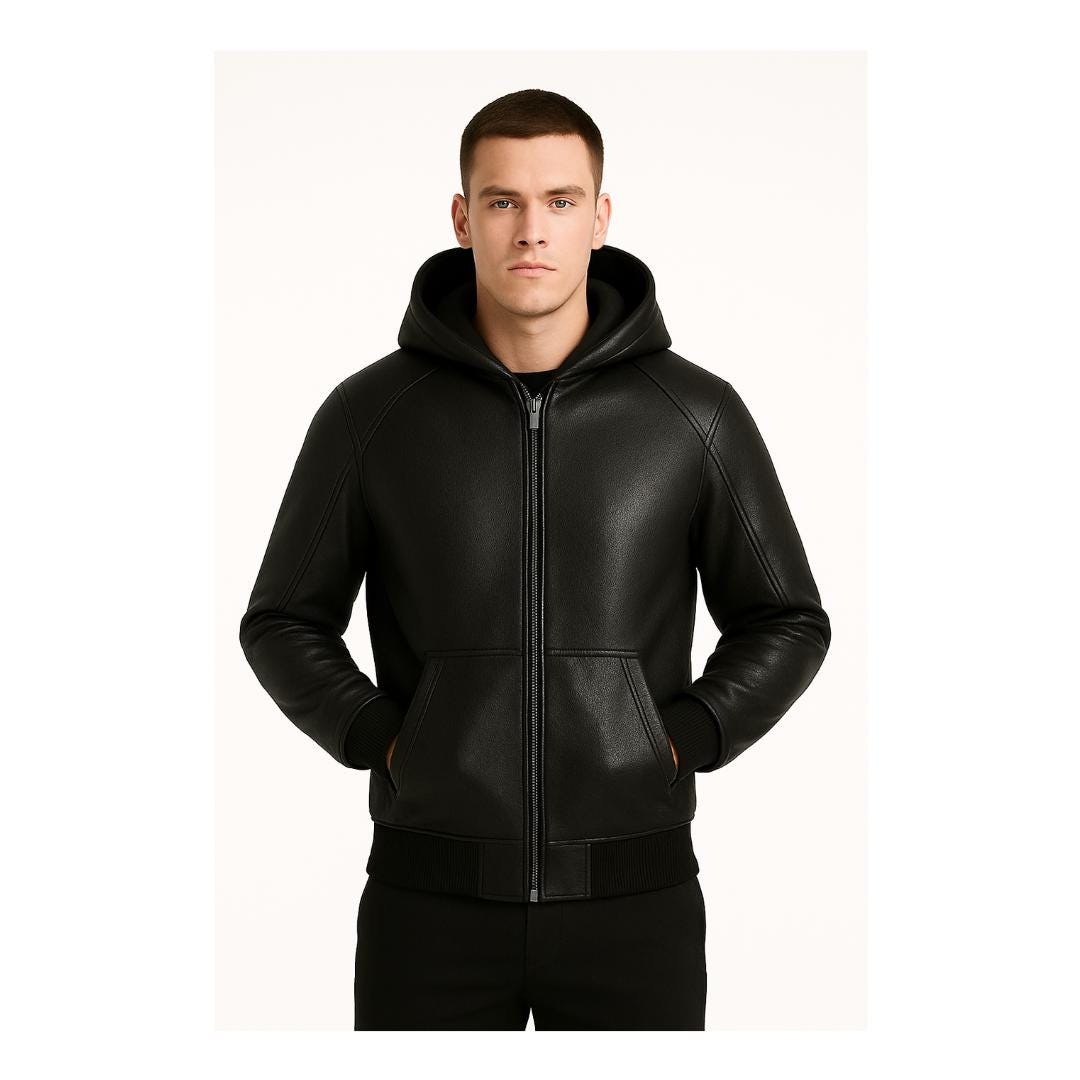 Handmade Black Sheepskin Leather Hoodie: Men's Biker Style Jacket
