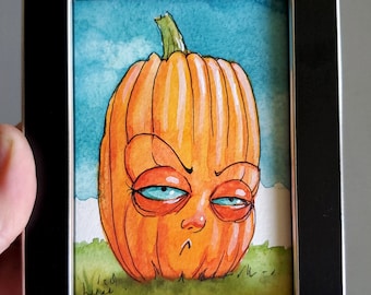 Pumpkins of Fury-Original Framed Mini Watercolor Painting, 3 styles -Free Shipping