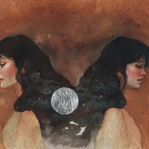 Faces of the Moon Original Matted Watercolor Painting-Free Shipping image 1