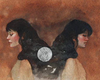 Faces of the Moon - Original Matted Watercolor Painting-Free Shipping!