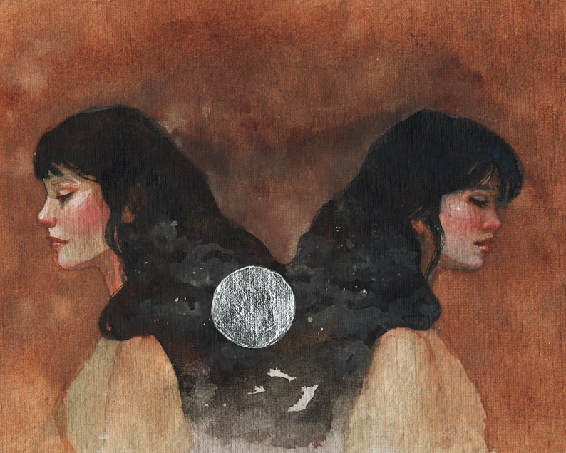Faces of the Moon Original Matted Watercolor Painting-Free Shipping image 1