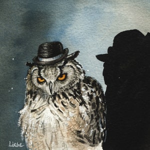 The Muscle. Art Print of an original Owl watercolor painting image 1