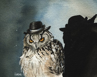 The Muscle. Art Print of an original Owl watercolor painting