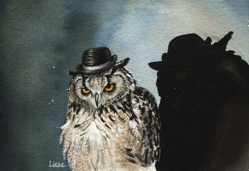 The Muscle. Art Print of an original Owl watercolor painting image 1