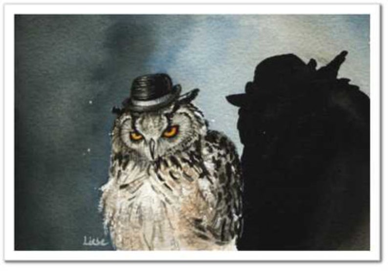 The Muscle. Art Print of an original Owl watercolor painting print+.5 in. border