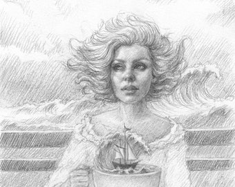 Tempest in a Teacup- Original Graphite Drawing- Free Shipping