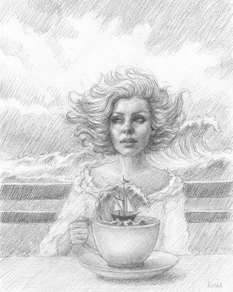 Tempest in a Teacup Original Graphite Drawing Free Shipping image 1