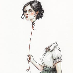May include: Watercolor illustration of a woman's head floating like a balloon, held by a hand. The woman has dark hair and a pale complexion. She is wearing a white blouse and a green skirt. The artwork is signed "Liese".