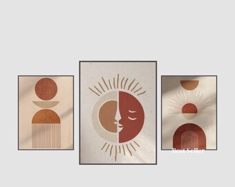 Minimalistyczna sztuka ścienna boho słońce i księżyc, ciepła terakota, nowoczesny plakat do druku