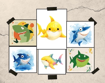 Kleurrijke muurkunstset haai | Oceaandecoratie voor kinderen | Afdrukbare kinderposters
