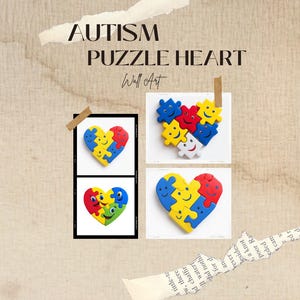 May include: Four colourful puzzle heart wall art pieces are shown. The hearts are made of red, yellow, blue, and green puzzle pieces, each with a smiling face. The text "AUTISM PUZZLE HEART Wall Art" is at the top of the image.