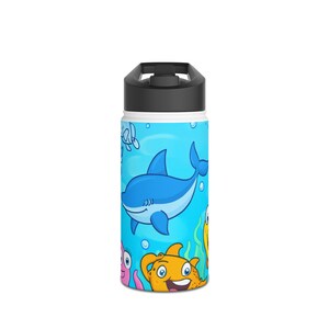 Colorful Shark and Fish Stainless Steel Water Bottle, Fun Kids Hydration Bottle, Beach Day, Summer Adventure, Eco-Friendly Gift
