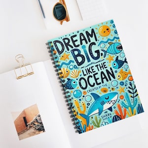 Dream Big Ocean Spiral Notebook, Inspirujący dziennik dla dzieci, Artykuły piśmiennicze o tematyce podwodnej, Prezent dla uczniów, Projekt rekina
