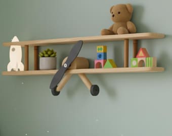 Airplane Shelf - Toddler Wall Mounted Shelves - Hot Air Balloon Nursery Decor - Wooden Kids Floating Shelves - Hanging Nursery Bookshelf