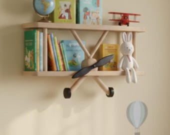 Airplane Wall Shelf - Toddler Wall Mounted Shelves - Hot Air Balloon Nursery Decor - Wooden Kids Floating Shelves -Hanging Nursery Bookshelf