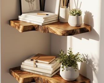 Estante flotante de nogal con borde natural - Estante esquinero de pared artesanal con borde natural - Decoración rústica de pared de madera - Estante esquinero rústico de madera maciza