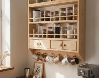 Ganchos de hierro hechos a mano para estantes de cocina - Estante de madera para tazas de café - Estantes de madera para tazas - Organizador de tazas - Estante para tazas de té - Soporte para tazas