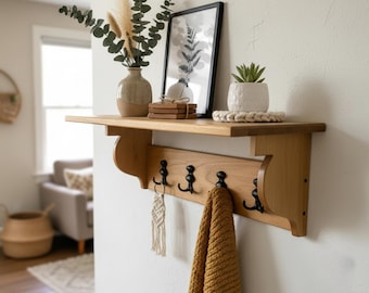 Solid wood oak coat hooks - Rustic Wooden Wall Shelf and Coat Rack – Entryway, Foyer, and Hallway Organizer - Farmhouse Organizer with Hooks