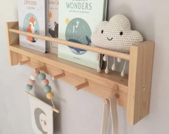 Montessori Wooden Wall Shelf with  Hooks - Montessori Baby & Kids Room Shelf with Hooks -  Montessori Nursery Furniture -Babyroom Decoration