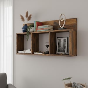 Rustic Floating Wall Shelf – Handmade Wooden Display Shelf with 3 Compartments - Wooden Wall Shelf – Rustic Storage Rack for Home Décor